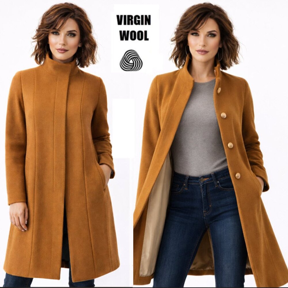 Talbots Virgin Wool Caramel Tan Winter Trench Coat Size 6 Button Front, Pockets